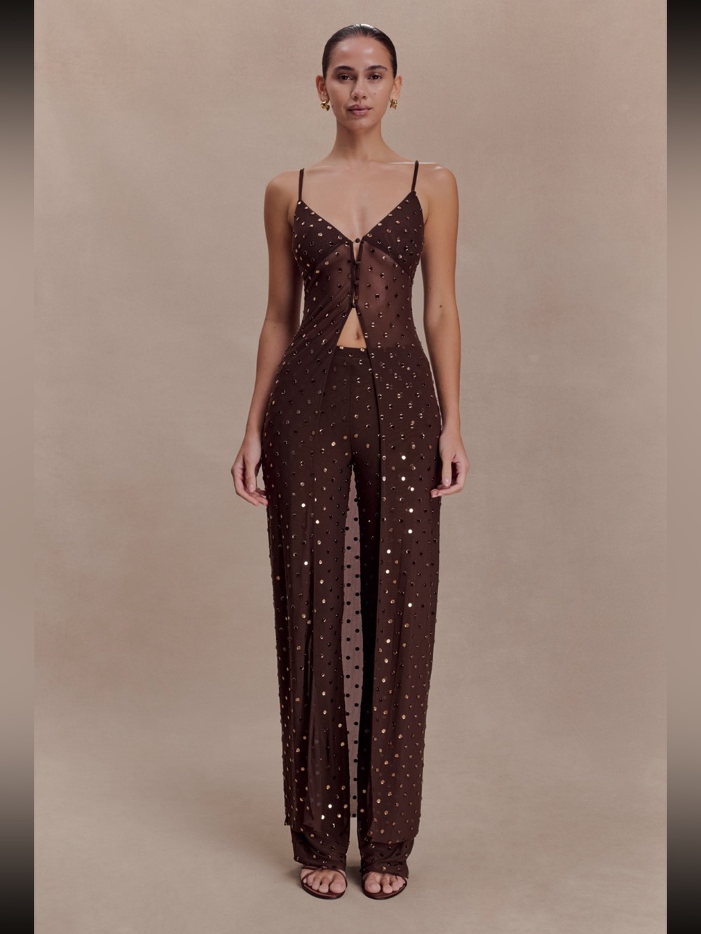 MESHKI Jackie Longline Diamante Top- Chocolate Size Small